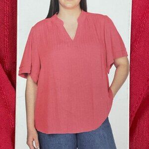 Well Worn Womens XL Textured Pink V-Neck Short Sleeve Blouse d0862